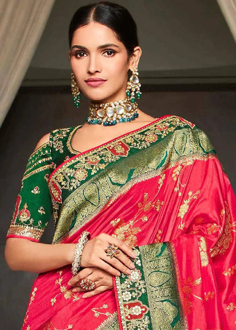 Ruby Pink Zari Weaving Satin Silk Saree with Embroidery Border | Stitched Blouse - qivii