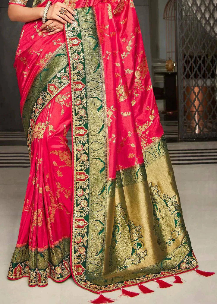 Ruby Pink Zari Weaving Satin Silk Saree with Embroidery Border | Stitched Blouse - qivii