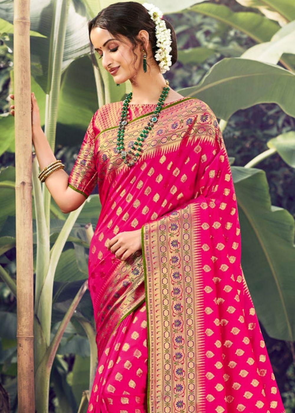 Ruby Pink Zari Woven Banarasi Silk Saree | Stitched Blouse - qivii