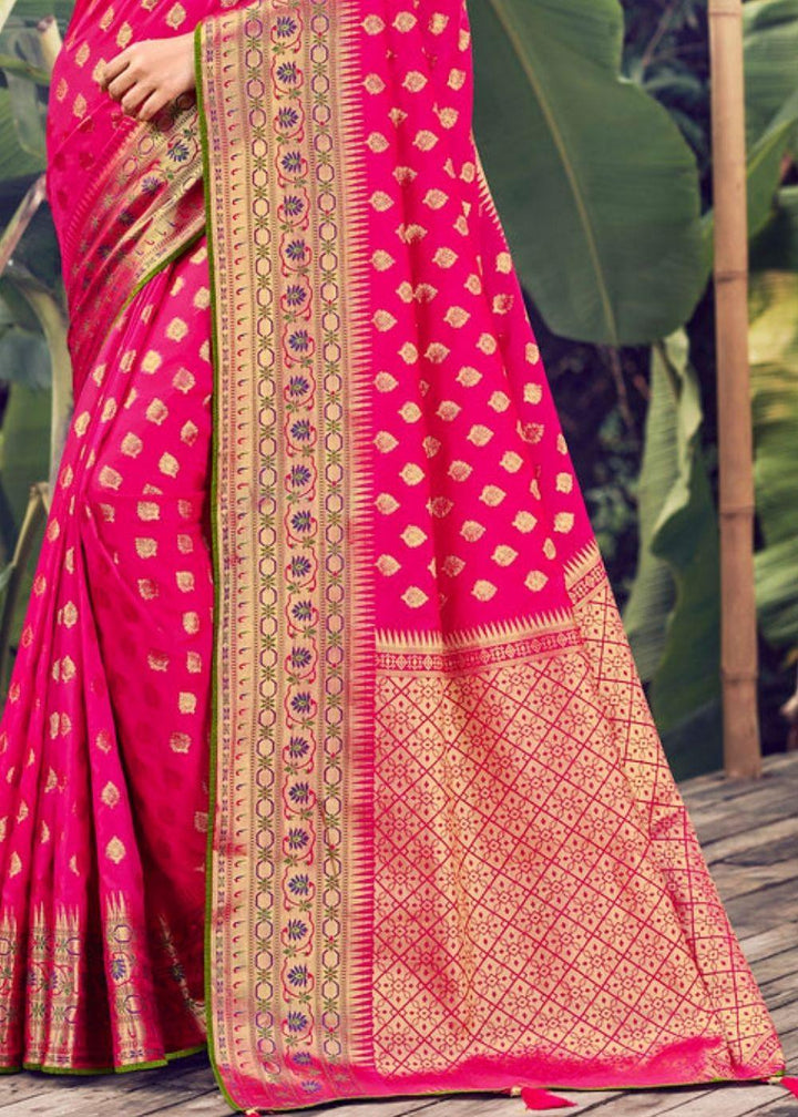 Ruby Pink Zari Woven Banarasi Silk Saree | Stitched Blouse - qivii