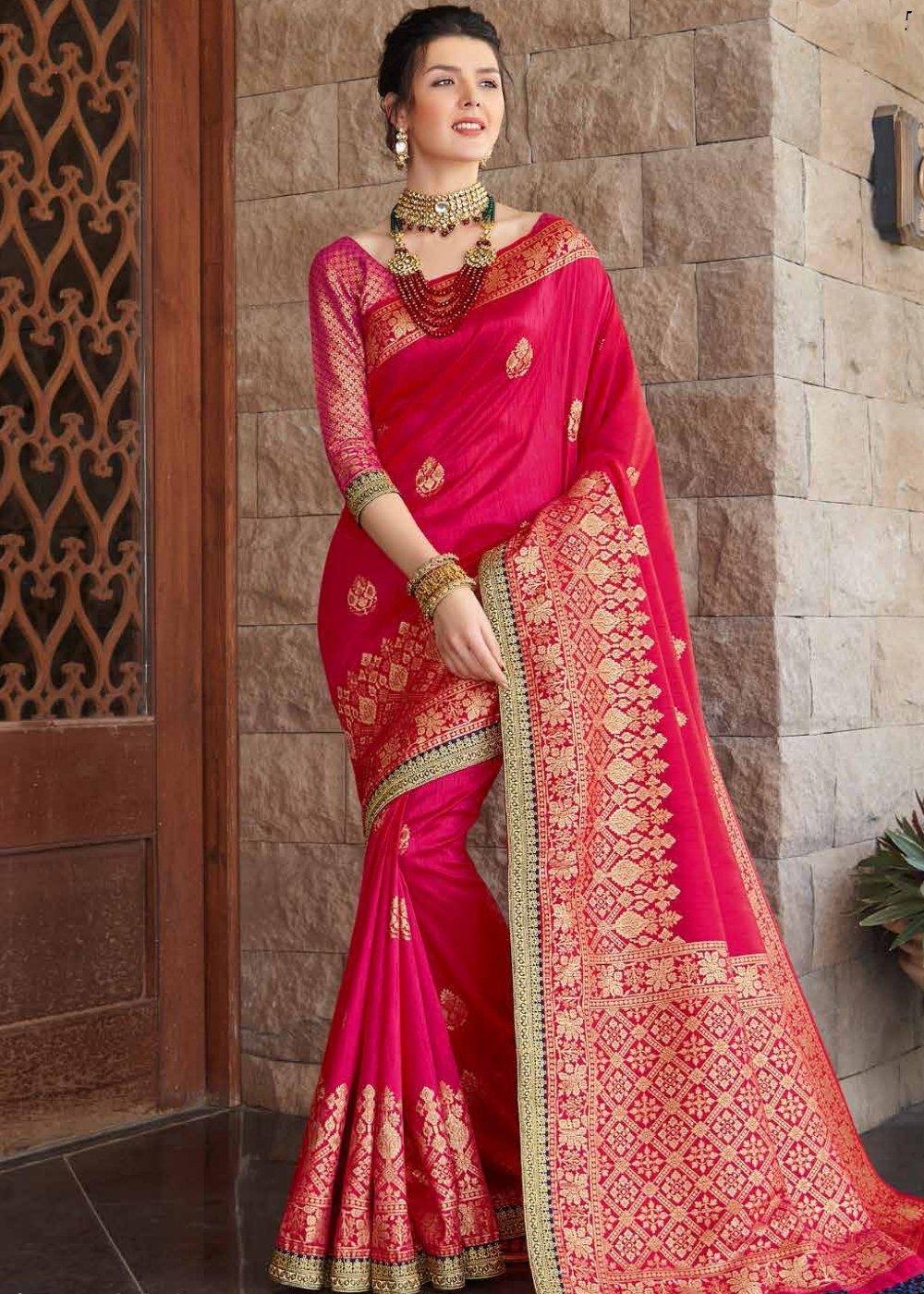 Ruby Pink Zari Woven Banarasi Silk Saree with Brocade Blouse | Stitched Blouse - qivii