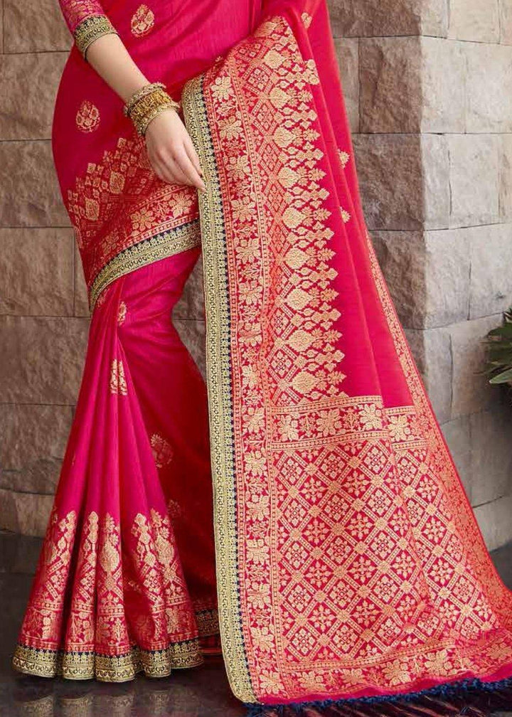 Ruby Pink Zari Woven Banarasi Silk Saree with Brocade Blouse | Stitched Blouse - qivii