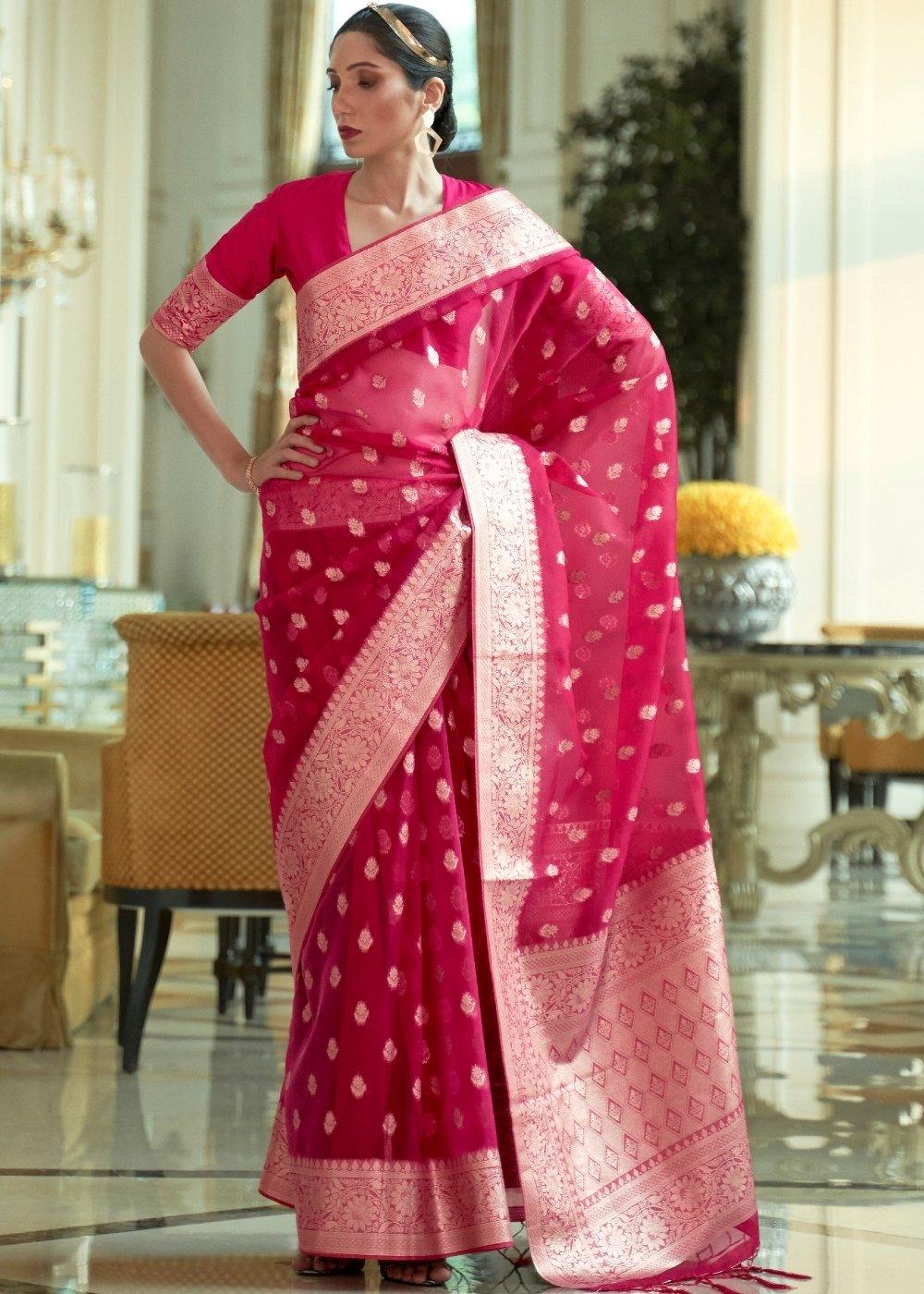 Ruby Pink Zari Woven Organza Silk Saree | Stitched Blouse - qivii