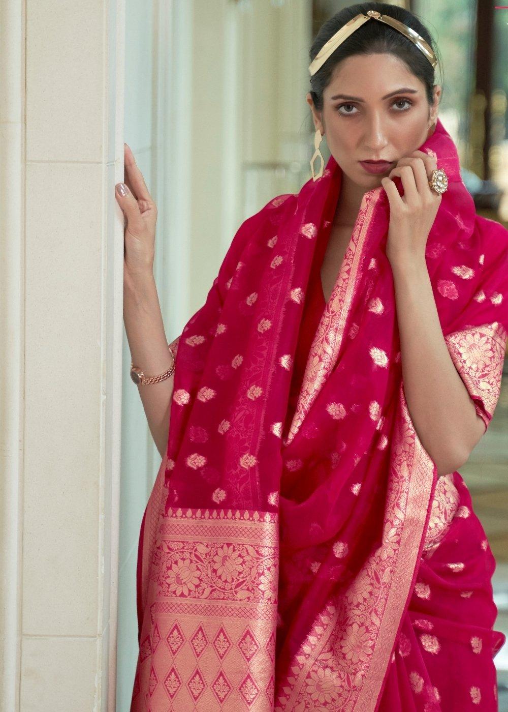 Ruby Pink Zari Woven Organza Silk Saree | Stitched Blouse - qivii