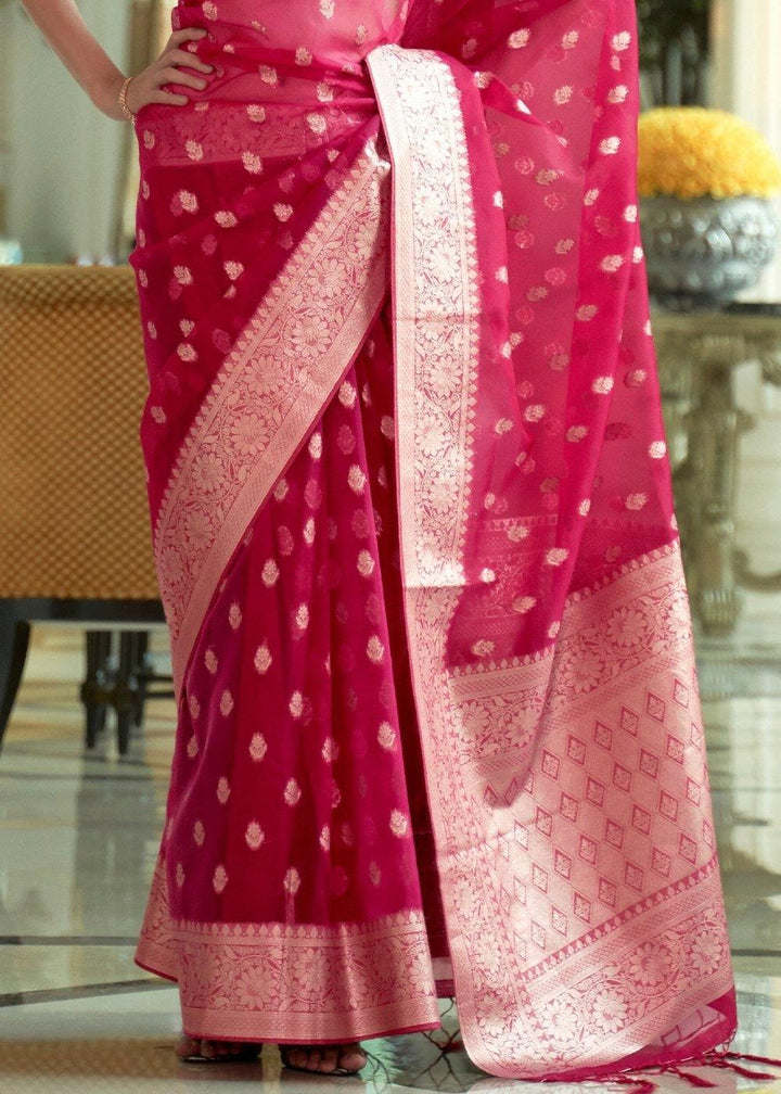 Ruby Pink Zari Woven Organza Silk Saree | Stitched Blouse - qivii