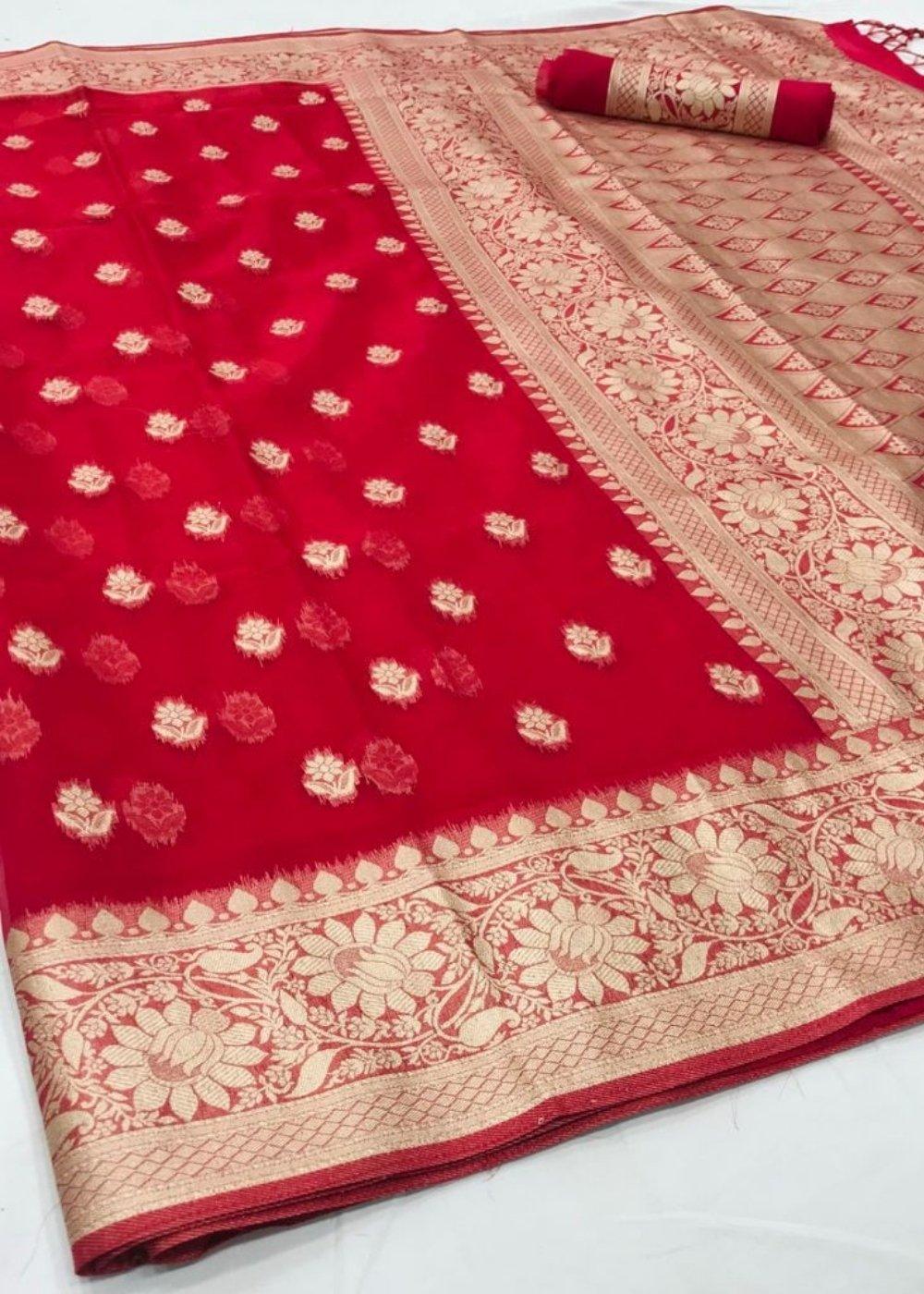 Ruby Pink Zari Woven Organza Silk Saree | Stitched Blouse - qivii