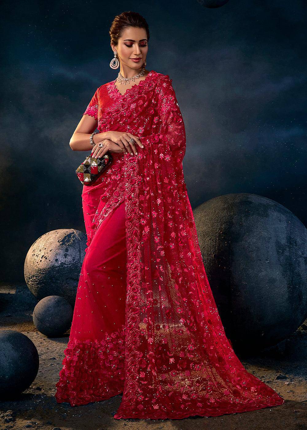 Ruby Red Digital Net Saree with Thread,Sequence, Zarkan, Moti & All Over Flower Applique work | Stitched Blouse - qivii