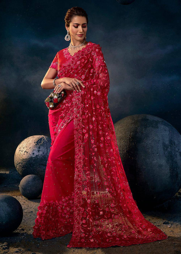 Ruby Red Digital Net Saree with Thread,Sequence, Zarkan, Moti & All Over Flower Applique work | Stitched Blouse - qivii