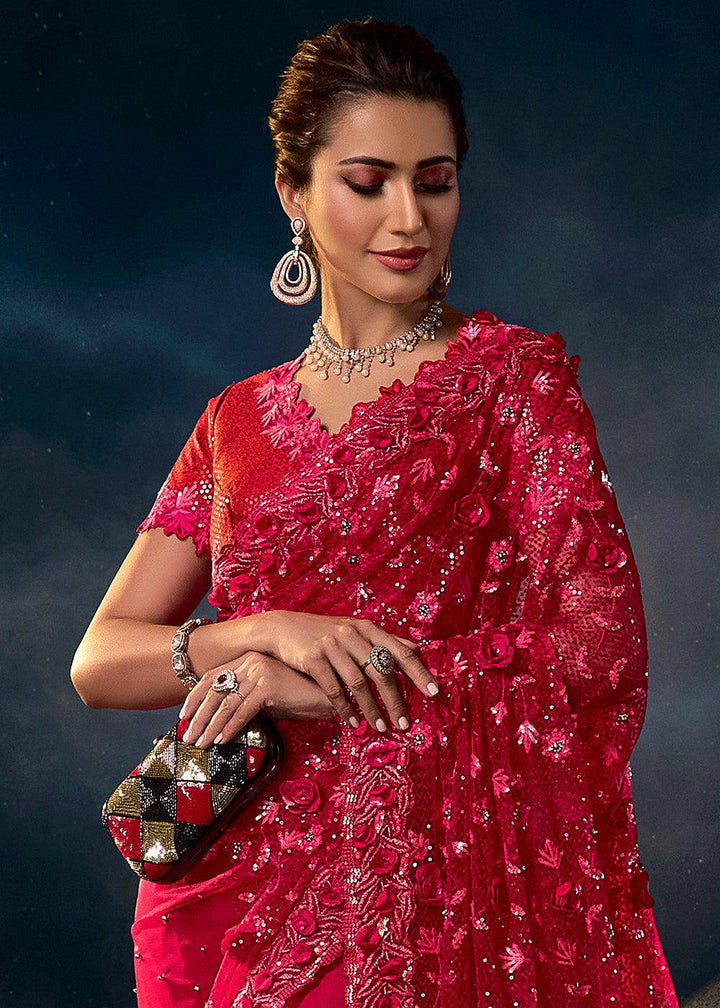 Ruby Red Digital Net Saree with Thread,Sequence, Zarkan, Moti & All Over Flower Applique work | Stitched Blouse - qivii