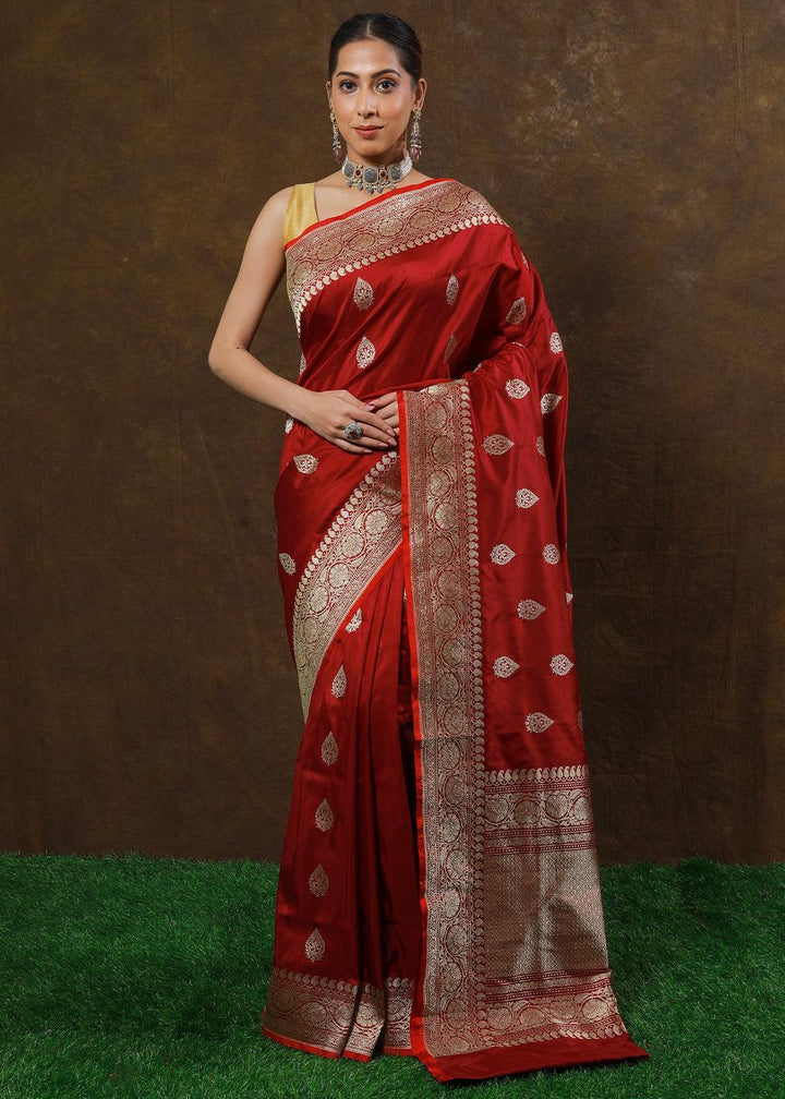 Ruby Red Hand Woven Pure Katan Silk Saree | Stitched Blouse - qivii