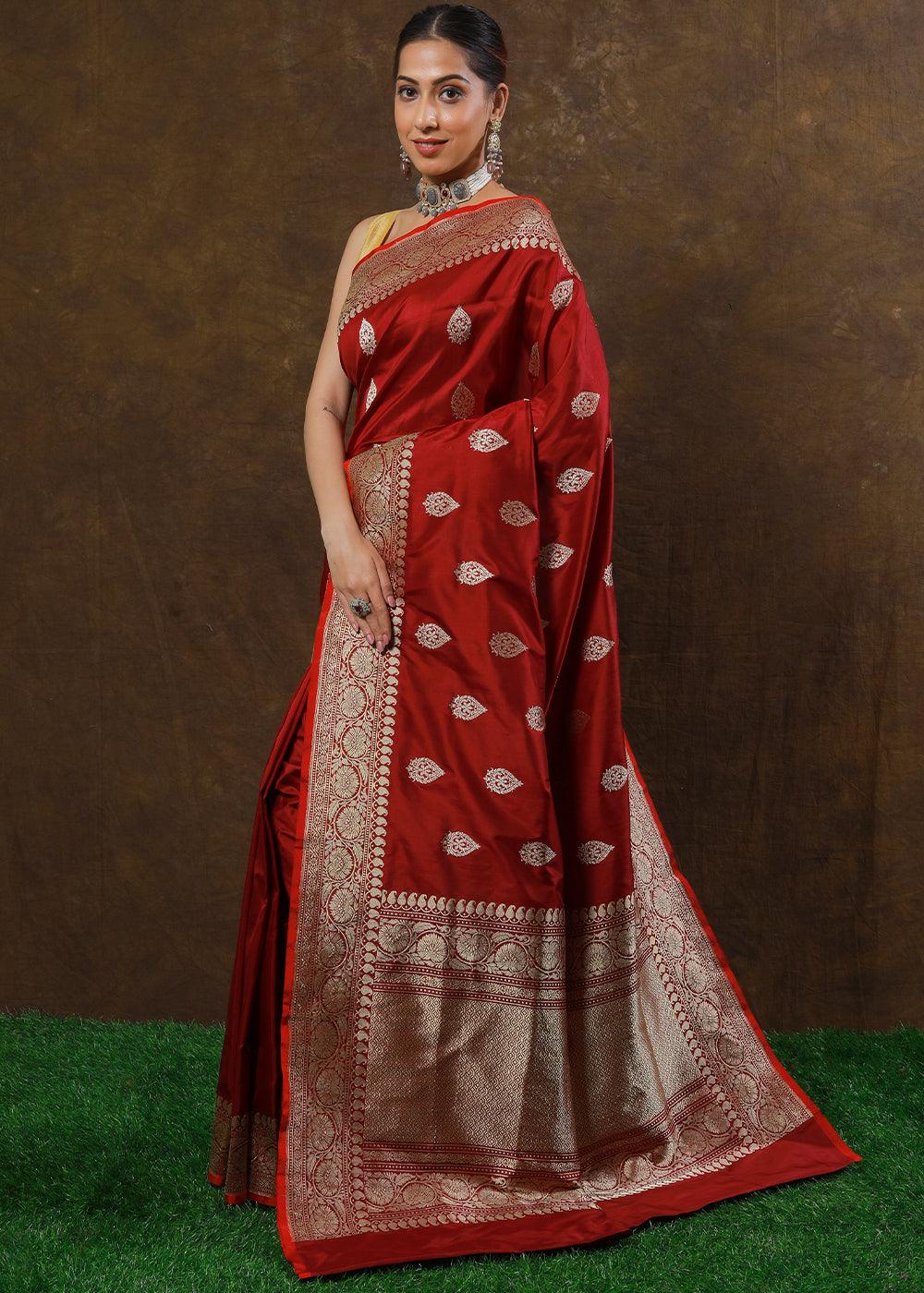 Ruby Red Hand Woven Pure Katan Silk Saree | Stitched Blouse - qivii