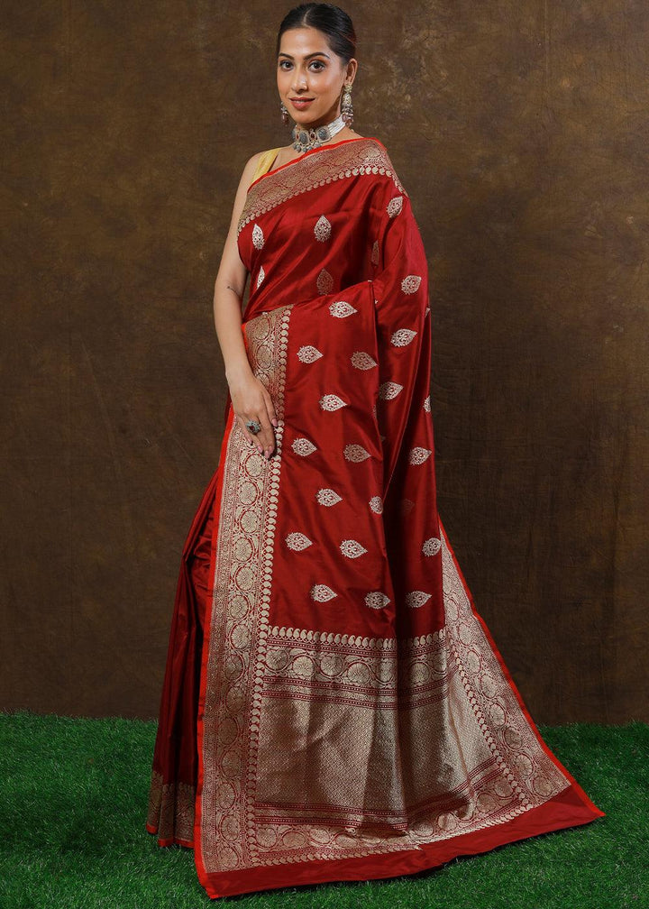 Ruby Red Hand Woven Pure Katan Silk Saree | Stitched Blouse - qivii