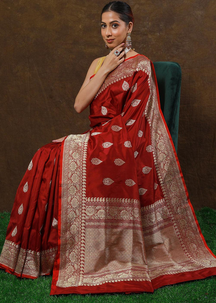 Ruby Red Hand Woven Pure Katan Silk Saree | Stitched Blouse - qivii