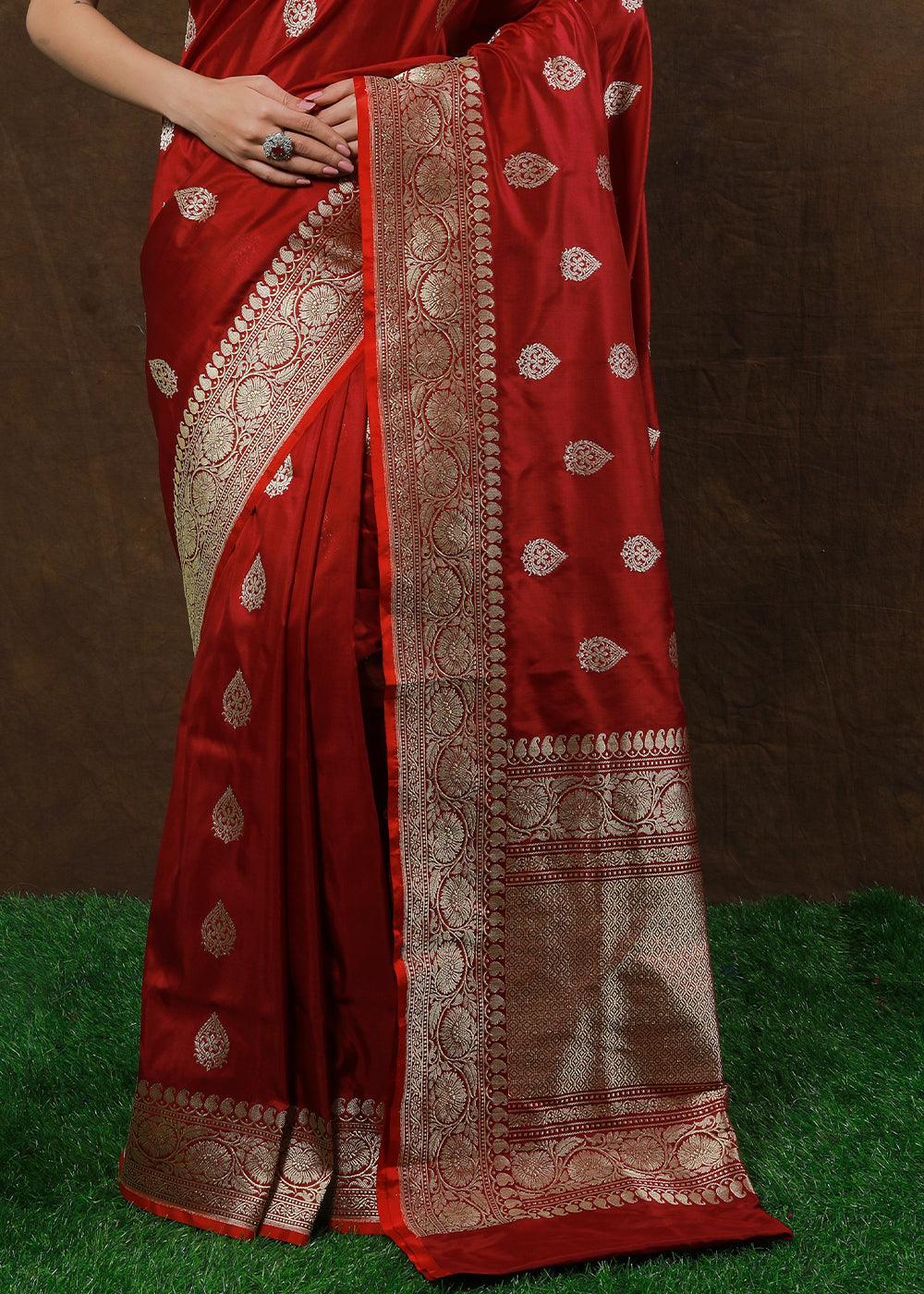 Ruby Red Hand Woven Pure Katan Silk Saree | Stitched Blouse - qivii