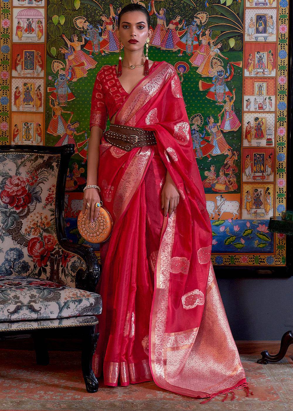 Ruby Red Handloom Woven Dual Tone Organza Silk Saree with Sequins Work | Stitched Blouse - qivii