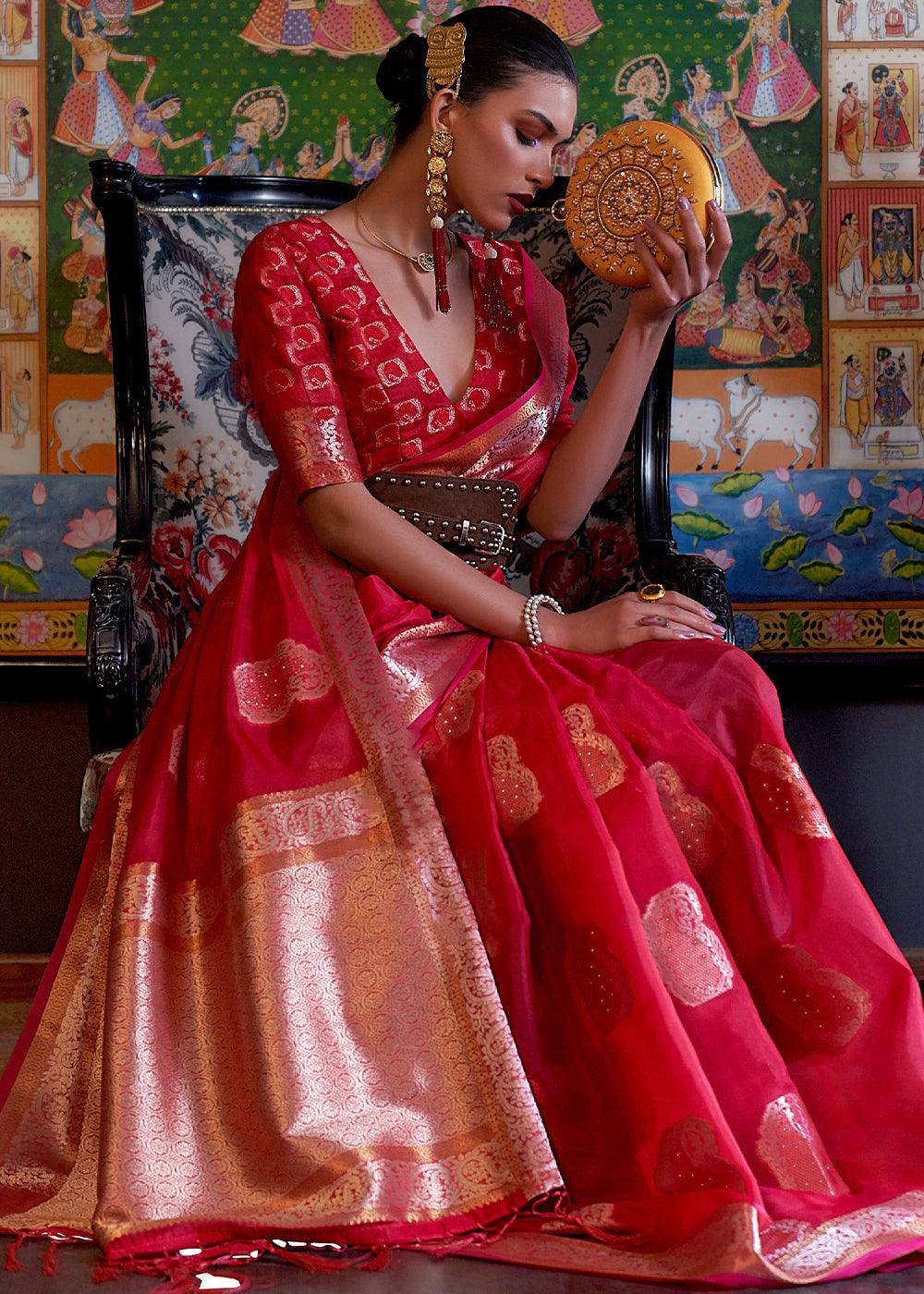 Ruby Red Handloom Woven Dual Tone Organza Silk Saree with Sequins Work | Stitched Blouse - qivii