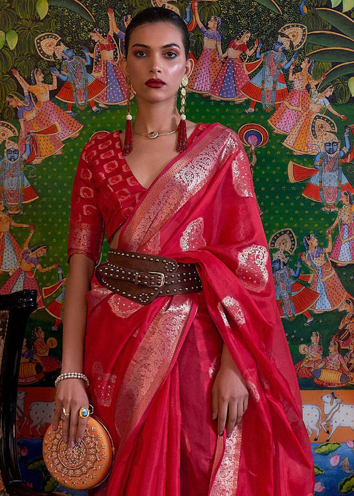 Ruby Red Handloom Woven Dual Tone Organza Silk Saree with Sequins Work | Stitched Blouse - qivii