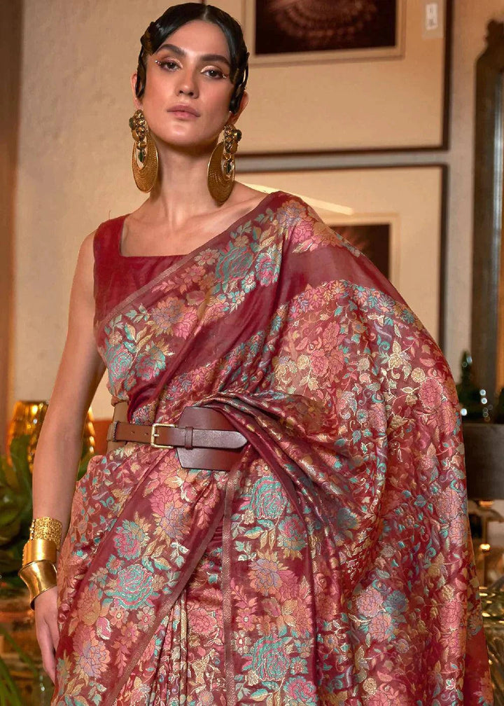 Ruby Red Kashmiri Handloom Weaving Silk Saree | Stitched Blouse - qivii