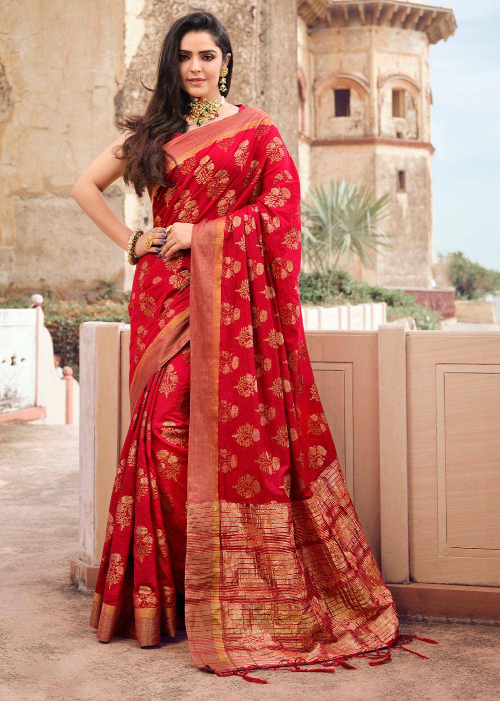 Ruby Red Zari Butta Woven Raw Banarasi Silk Saree | Stitched Blouse - qivii