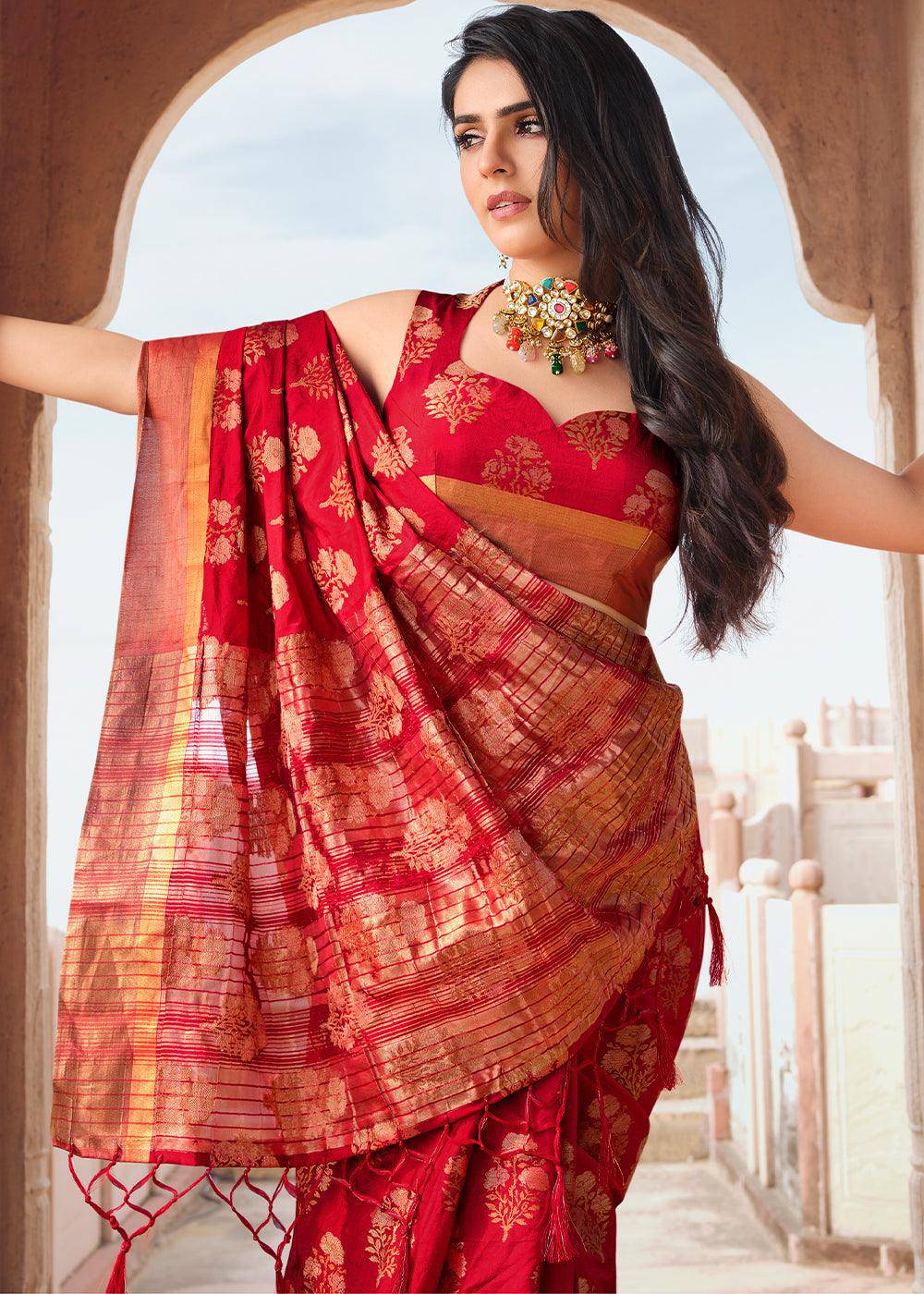 Ruby Red Zari Butta Woven Raw Banarasi Silk Saree | Stitched Blouse - qivii