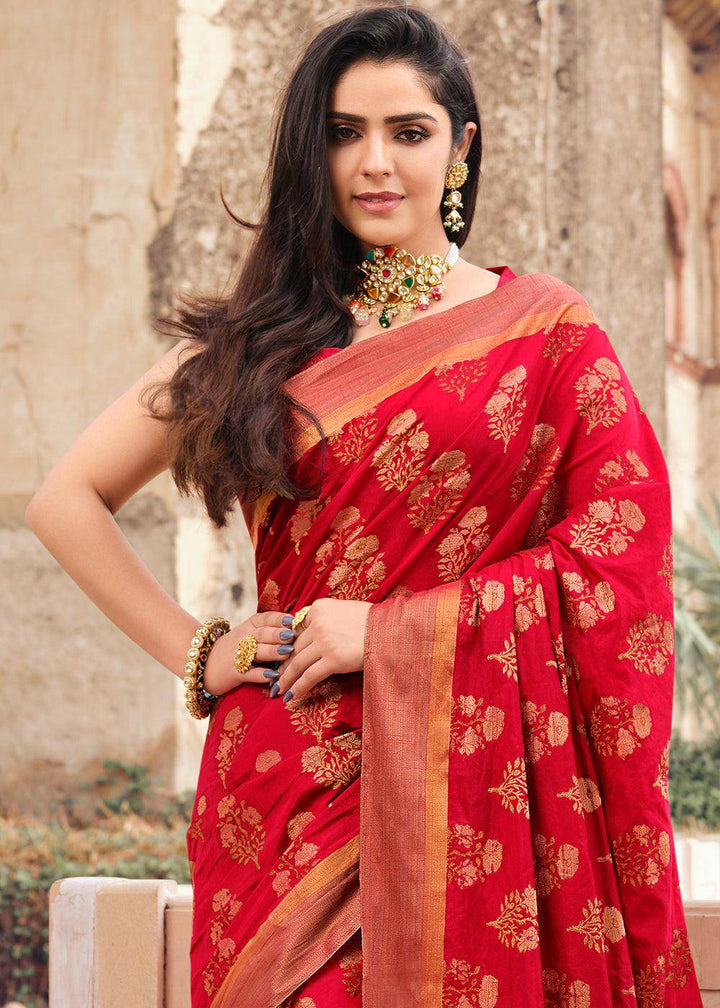 Ruby Red Zari Butta Woven Raw Banarasi Silk Saree | Stitched Blouse - qivii