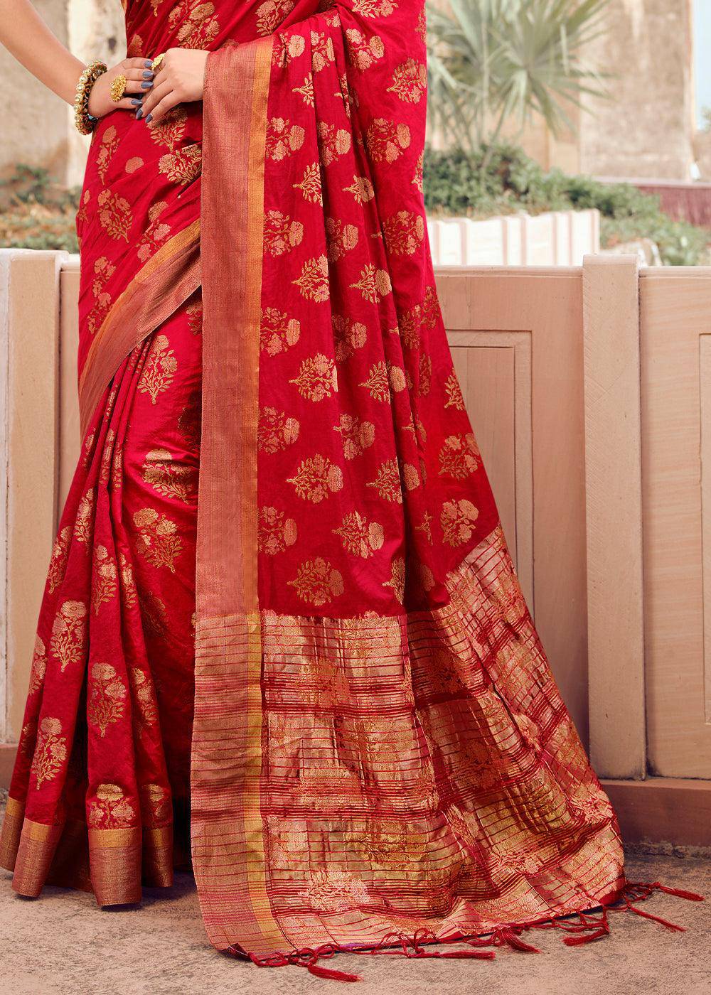 Ruby Red Zari Butta Woven Raw Banarasi Silk Saree | Stitched Blouse - qivii