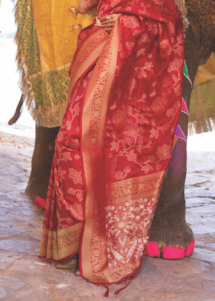 Rufous Red Handloom Weave Soft Banarasi Silk Saree | Stitched Blouse - qivii