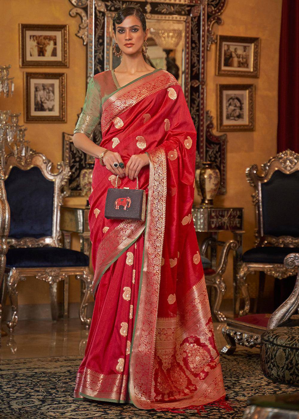 Rufous Red Zari Woven Tussar Silk Saree | Stitched Blouse - qivii