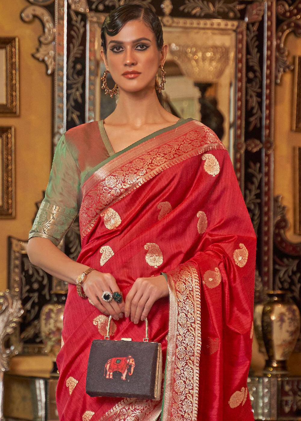 Rufous Red Zari Woven Tussar Silk Saree | Stitched Blouse - qivii