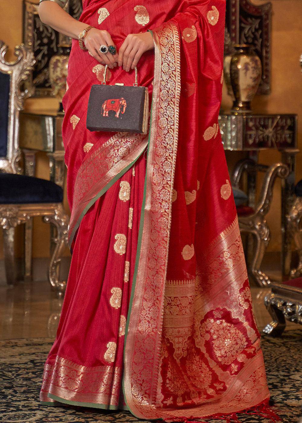 Rufous Red Zari Woven Tussar Silk Saree | Stitched Blouse - qivii