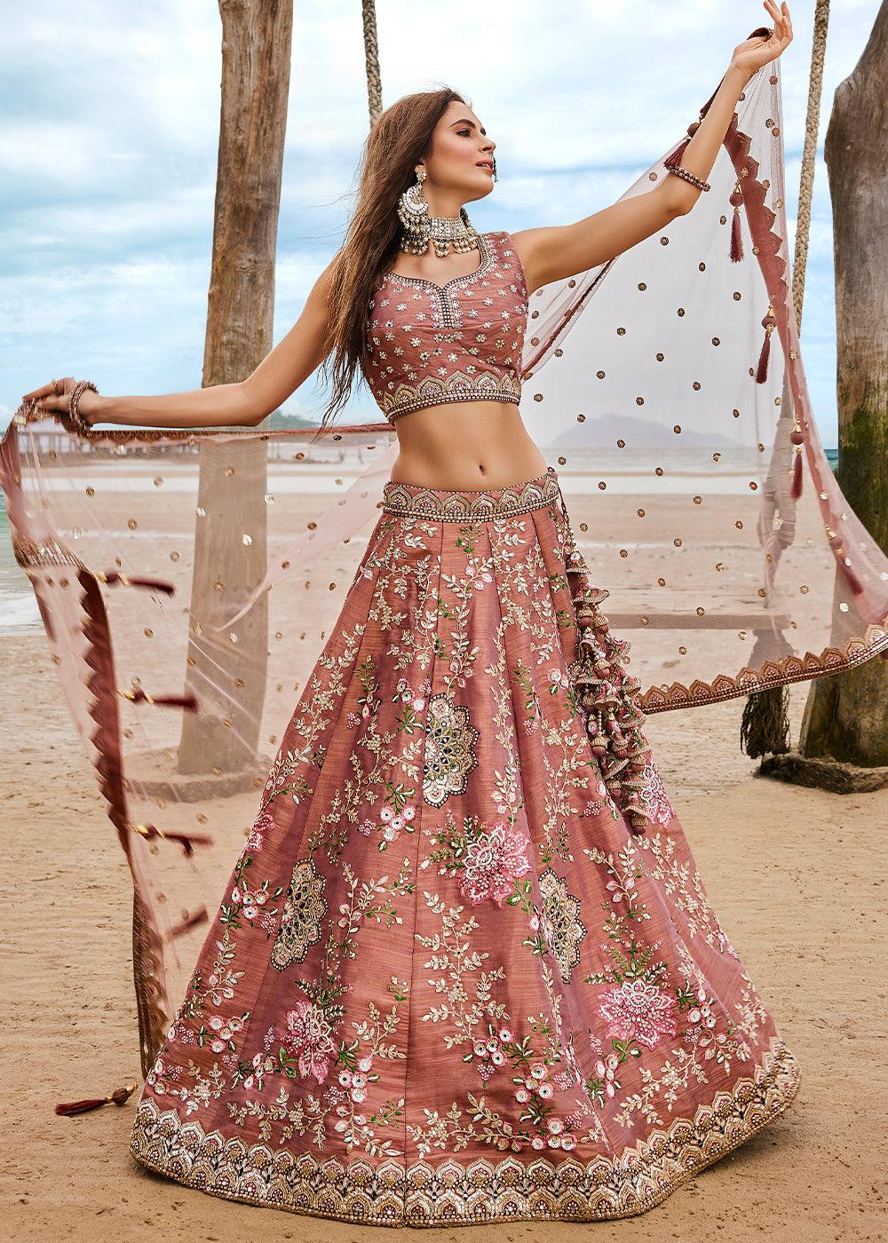 Rust Brown Net Lehenga Choli with Sequins,Coding, Mirror & Moti work - qivii