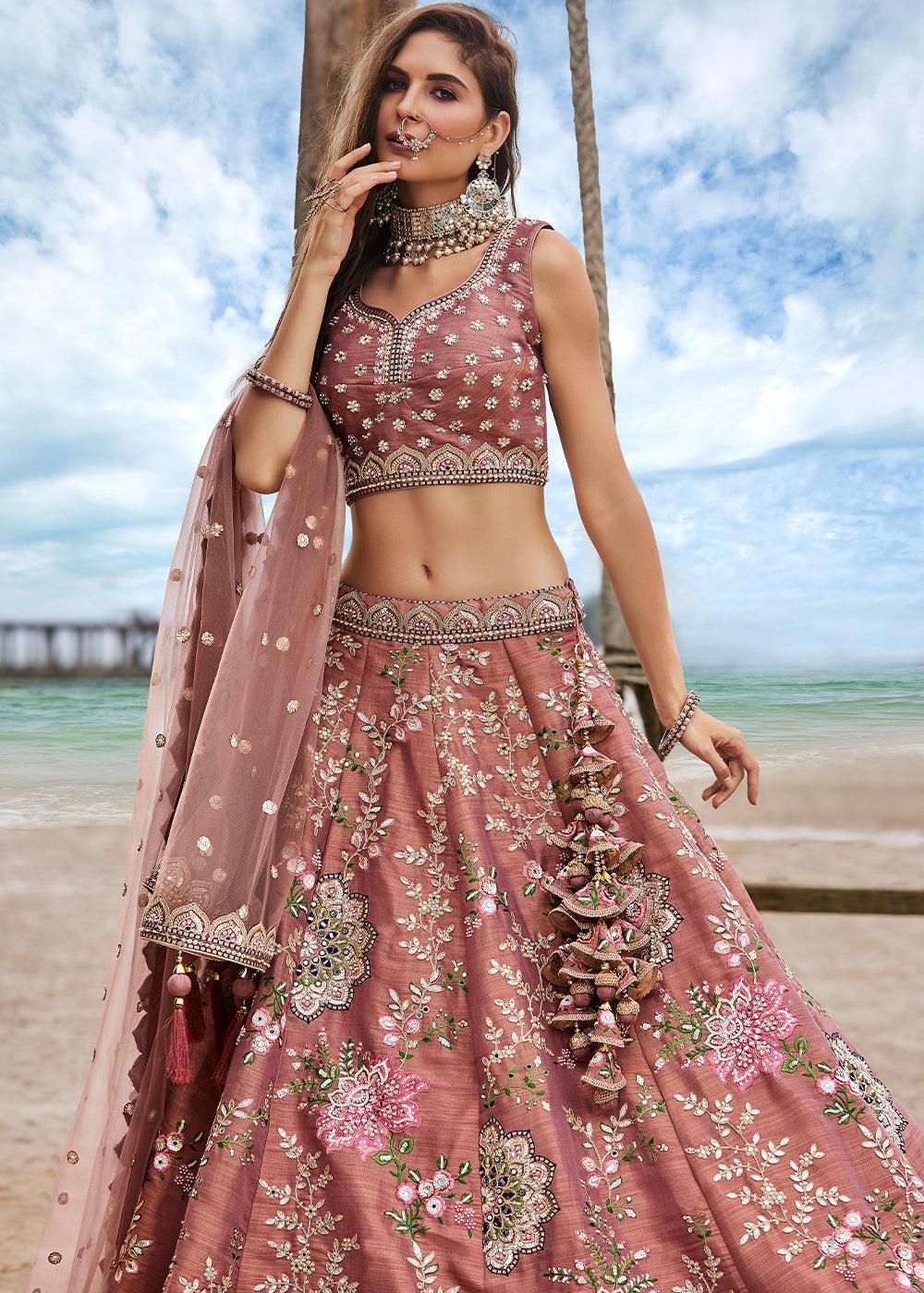 Rust Brown Net Lehenga Choli with Sequins,Coding, Mirror & Moti work - qivii