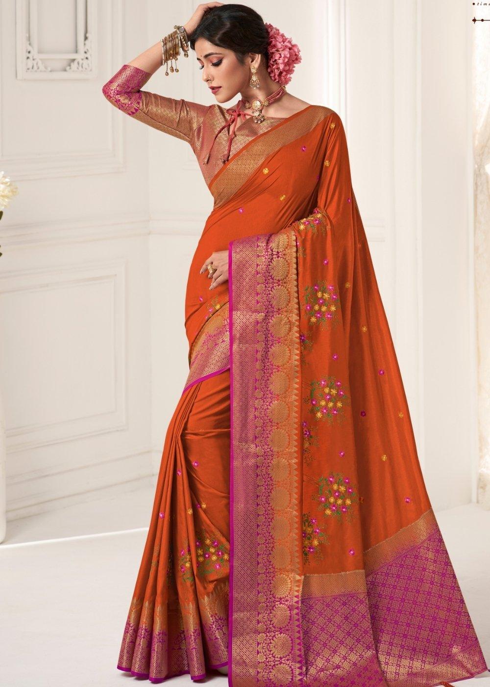 Rust Orange Dola Silk Saree with Embroidered Buttas & Zari Woven Pallu | Stitched Blouse - qivii