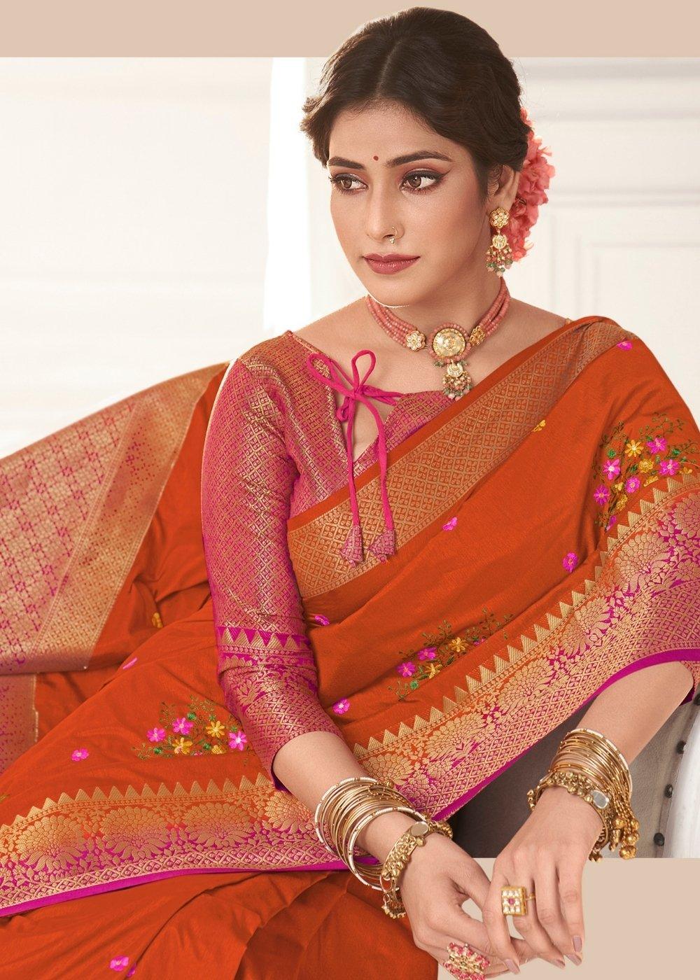 Rust Orange Dola Silk Saree with Embroidered Buttas & Zari Woven Pallu | Stitched Blouse - qivii