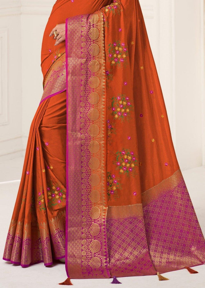 Rust Orange Dola Silk Saree with Embroidered Buttas & Zari Woven Pallu | Stitched Blouse - qivii