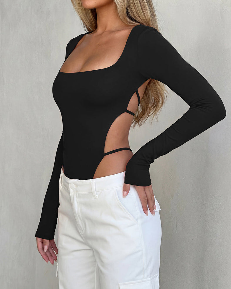 Square Neck Long Sleeve Backless Thong Slim Fit Bodysuit