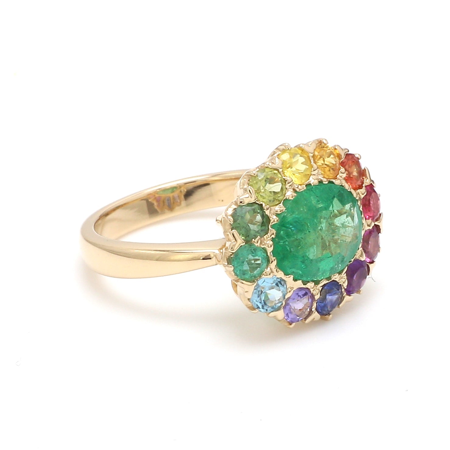 Emerald and Rainbow Gemstone Halo Ring - qivii