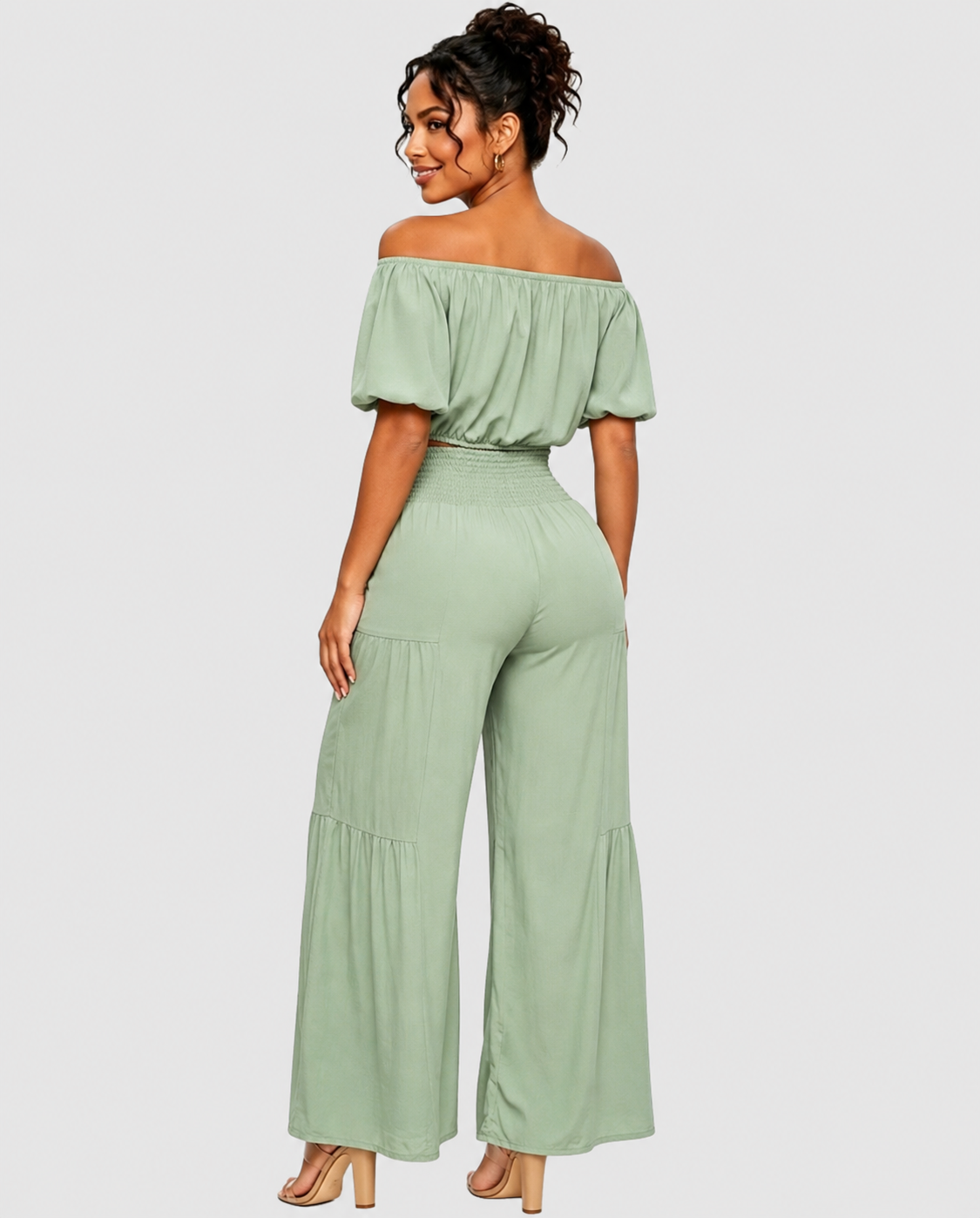 Off Shoulder  Crop Top Waist Tie Front Tiered Wide Leg Pants Two Piece Set  - By Qivii