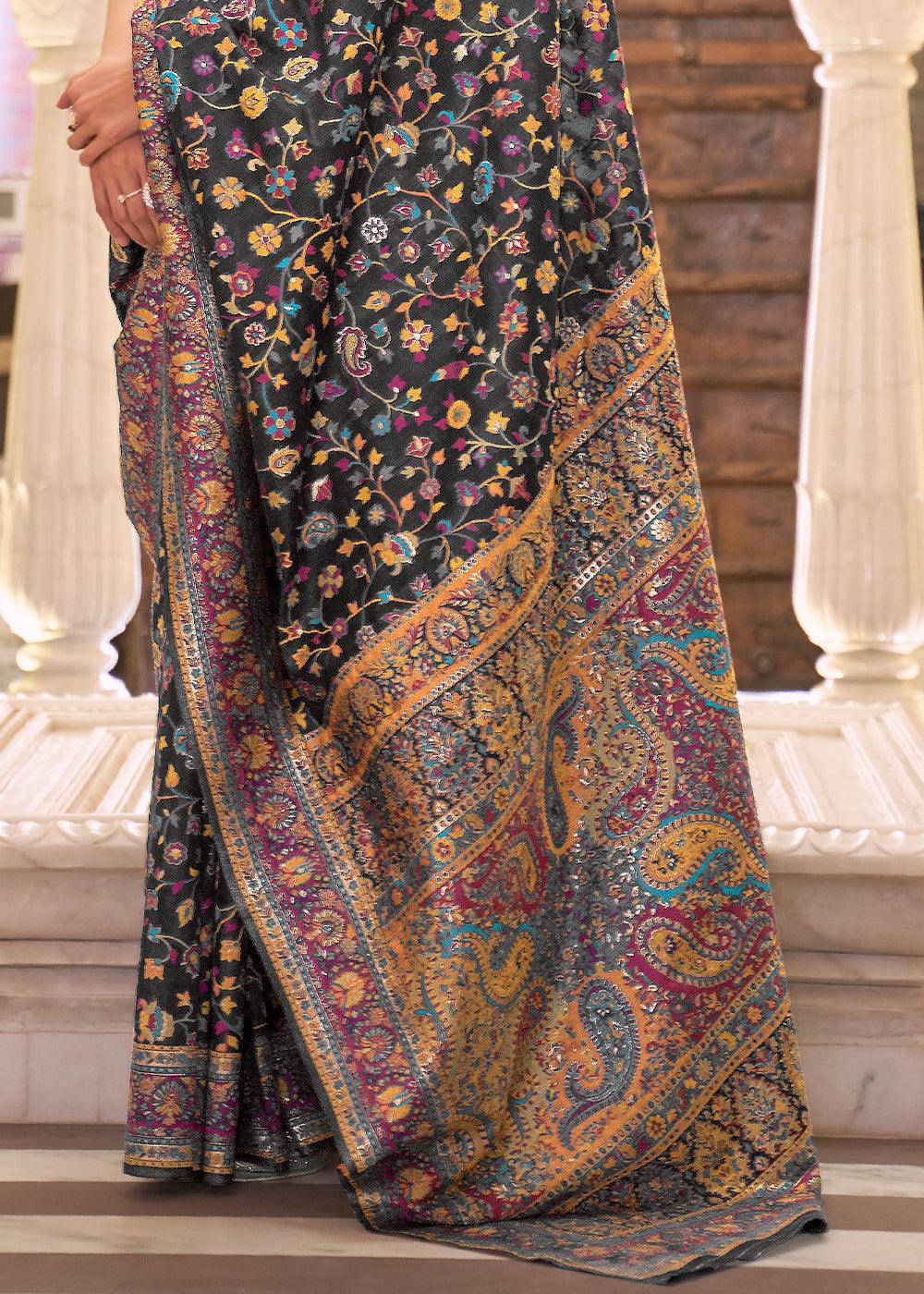 Sable Black Banarasi Jamawar Woven Silk Saree | Stitched Blouse - qivii