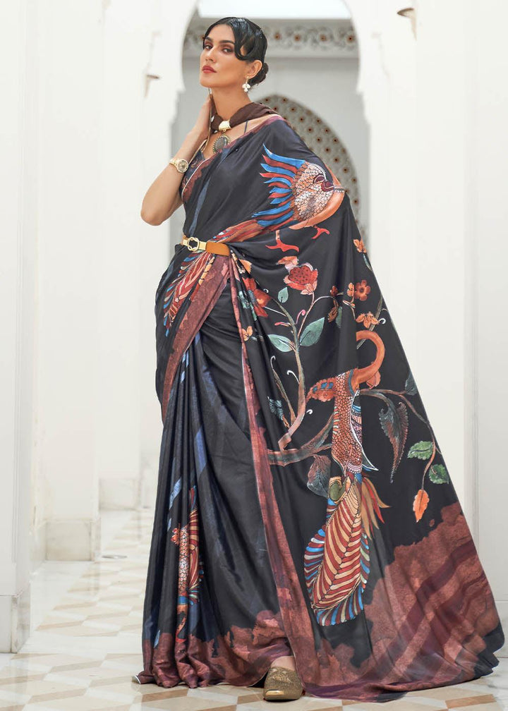 Sable Black Digital Printed Crepe Silk Saree | Stitched Blouse - qivii