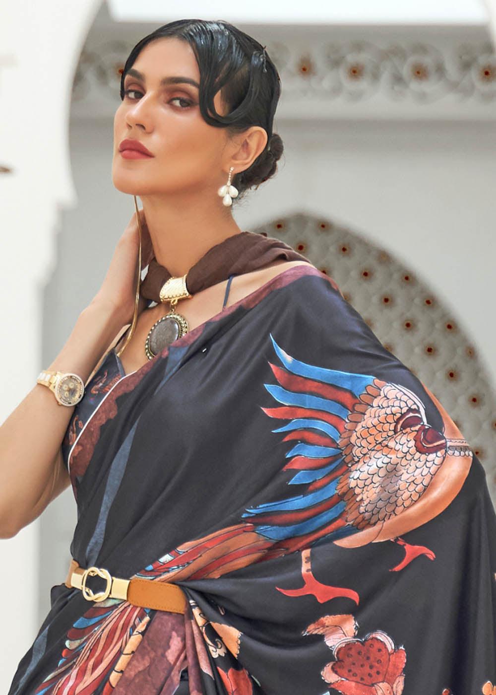 Sable Black Digital Printed Crepe Silk Saree | Stitched Blouse - qivii