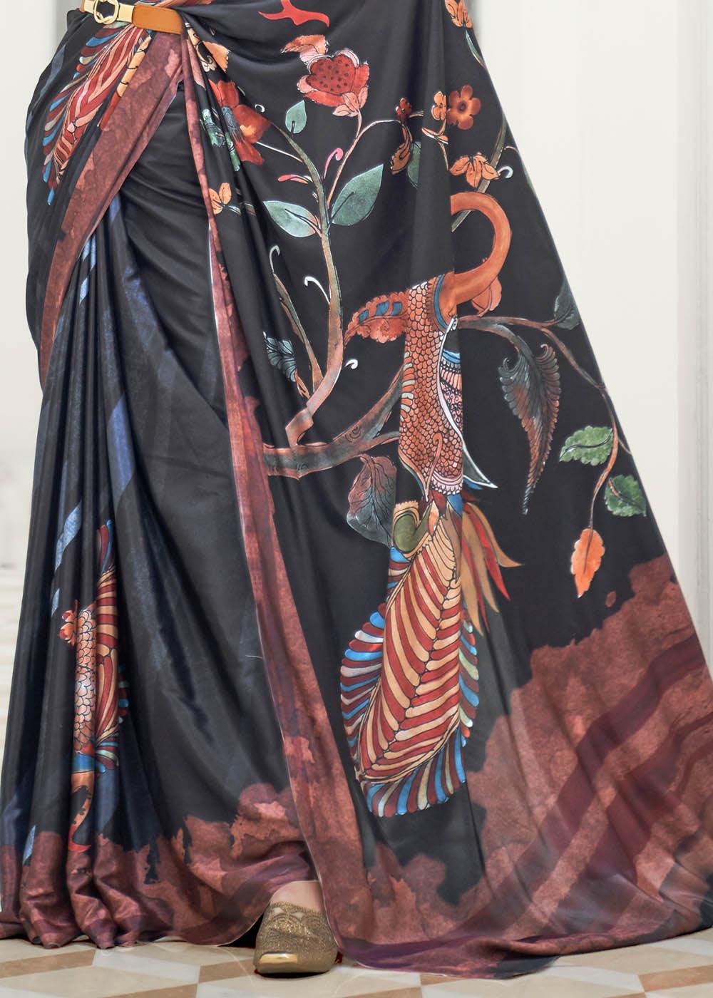 Sable Black Digital Printed Crepe Silk Saree | Stitched Blouse - qivii