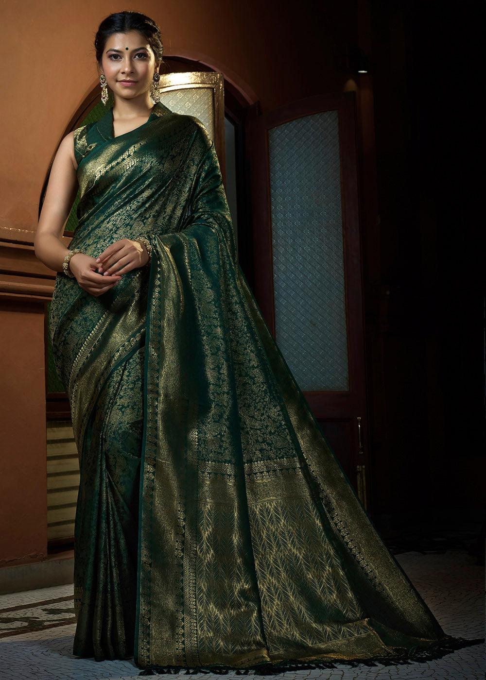 Sacramento Green & Golden Blend Woven Kanjivaram Silk Saree | Stitched Blouse - qivii