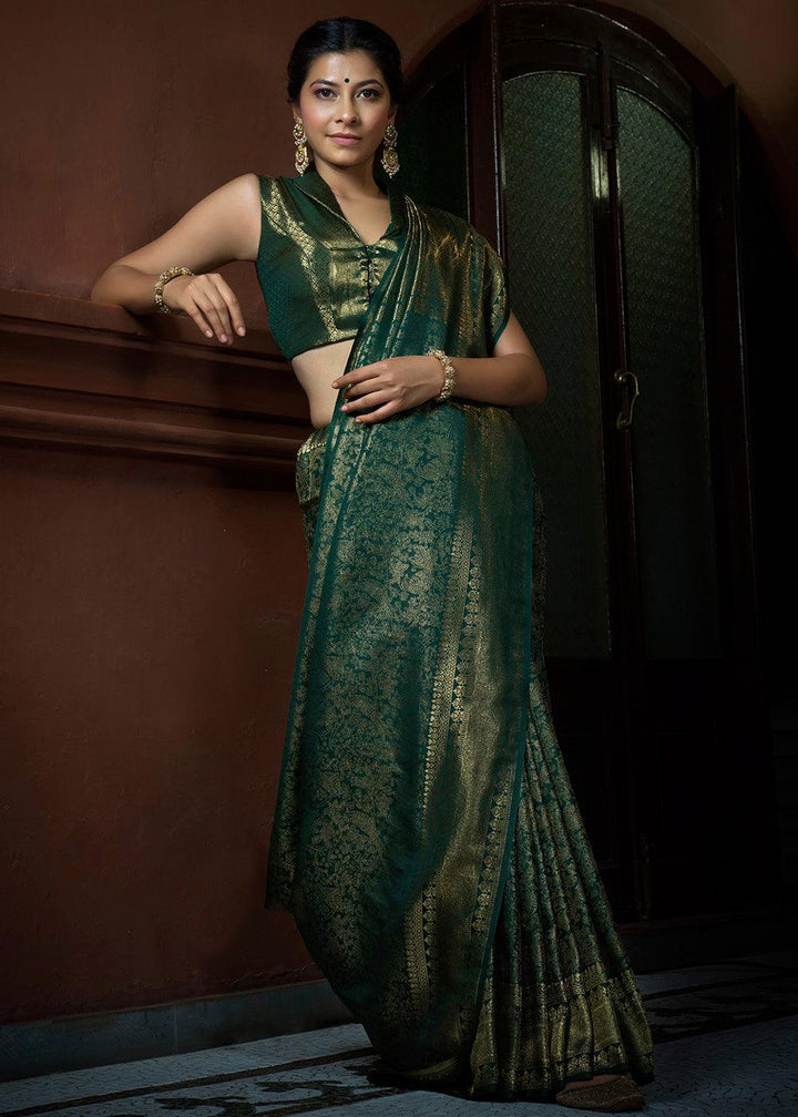 Sacramento Green & Golden Blend Woven Kanjivaram Silk Saree | Stitched Blouse - qivii