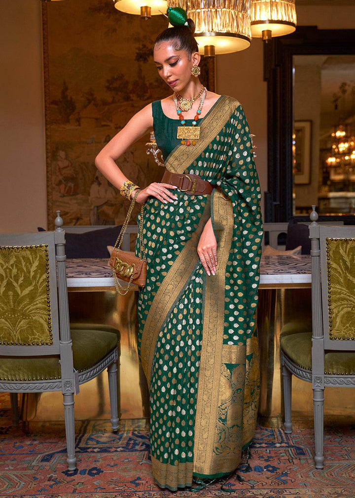 Sacramento Green Copper Zari Woven Banarasi Khaddi Silk Saree | Stitched Blouse - qivii