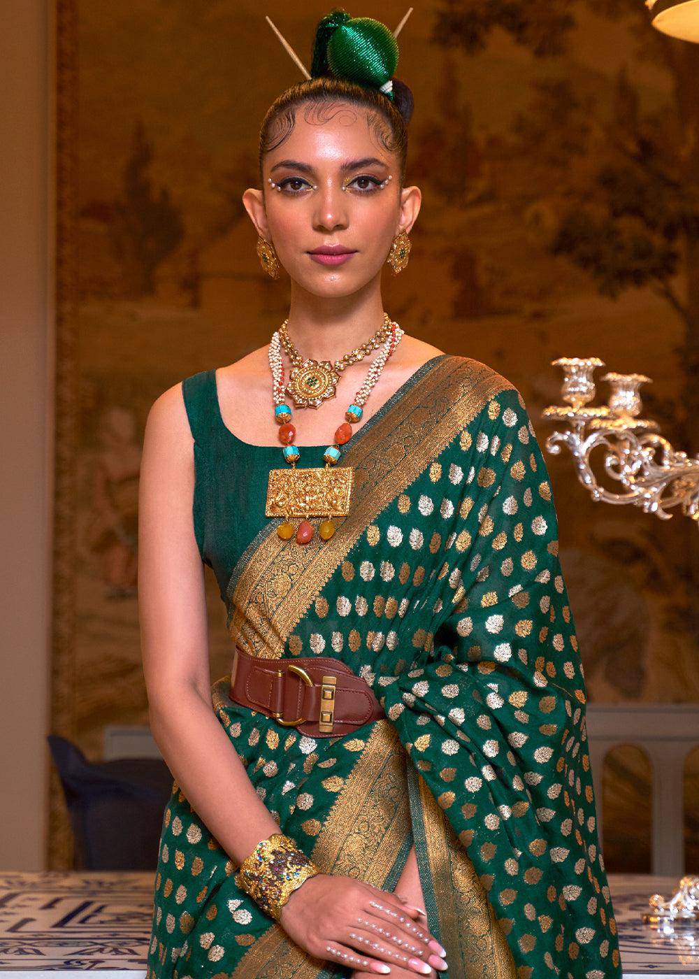 Sacramento Green Copper Zari Woven Banarasi Khaddi Silk Saree | Stitched Blouse - qivii