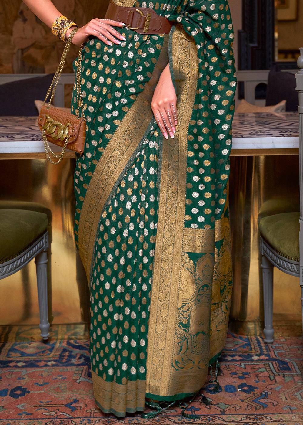 Sacramento Green Copper Zari Woven Banarasi Khaddi Silk Saree | Stitched Blouse - qivii