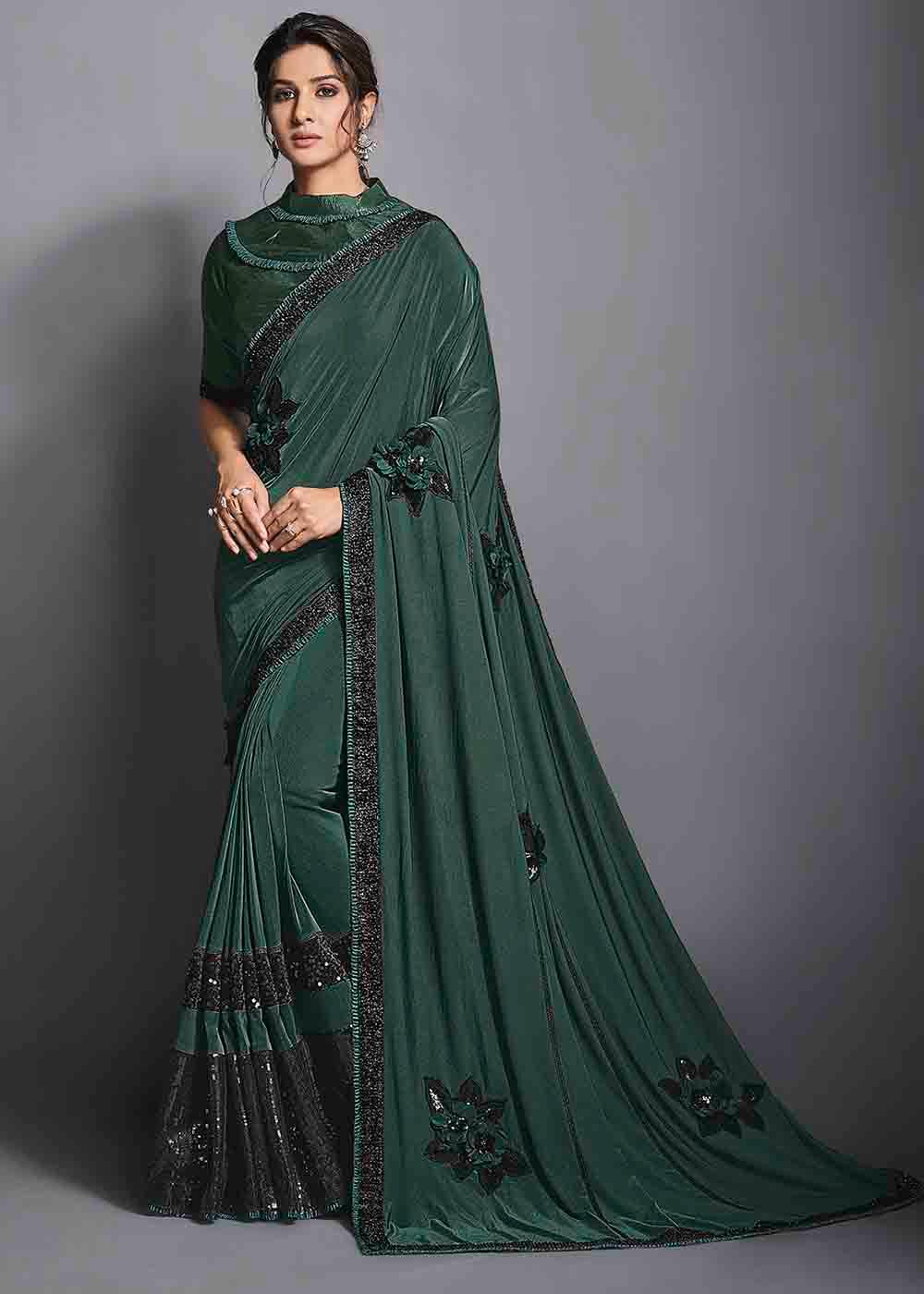 Sacramento Green Designer Lycra Saree with Sequins Embroidery & Applique work | Stitched Blouse - qivii