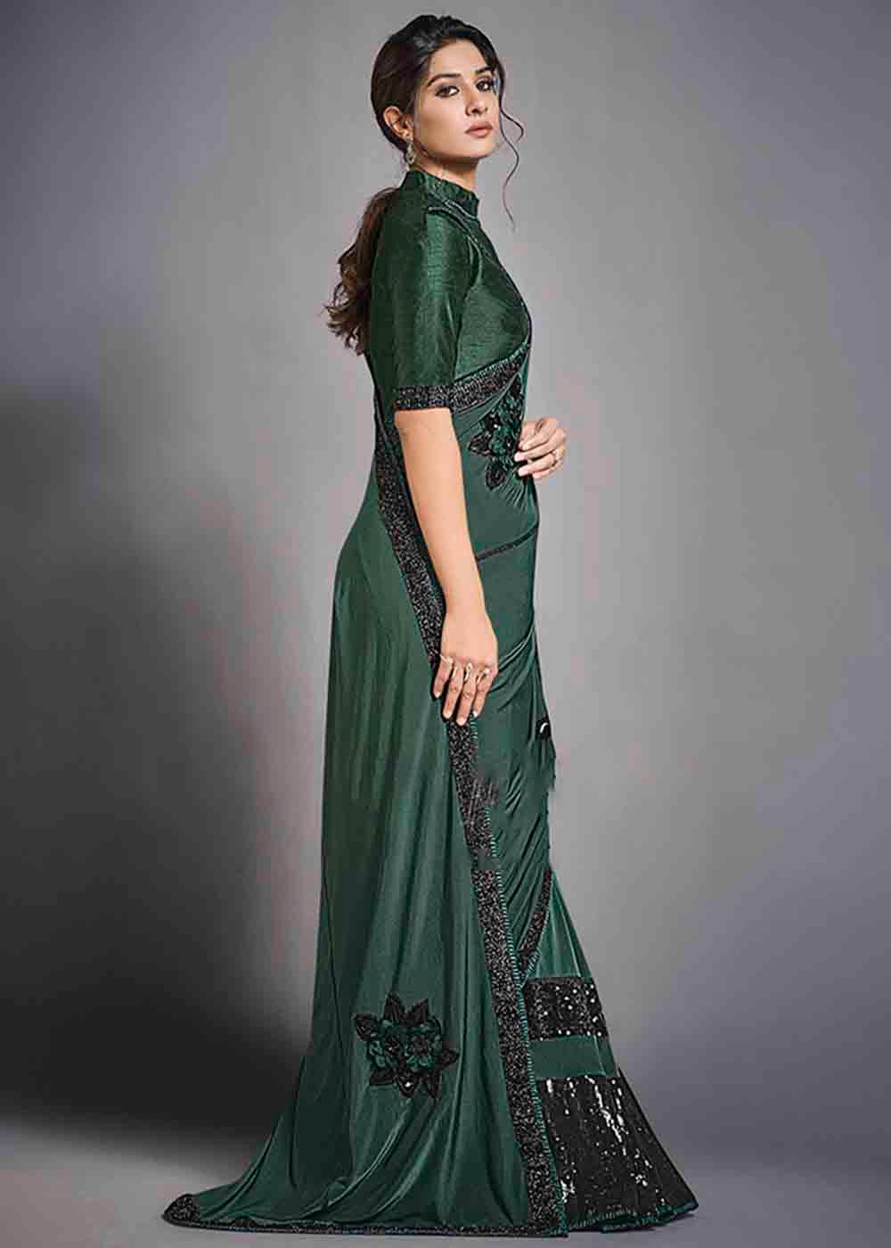 Sacramento Green Designer Lycra Saree with Sequins Embroidery & Applique work | Stitched Blouse - qivii