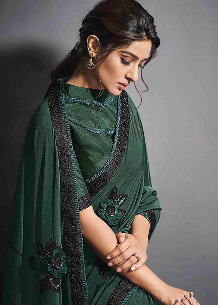 Sacramento Green Designer Lycra Saree with Sequins Embroidery & Applique work | Stitched Blouse - qivii